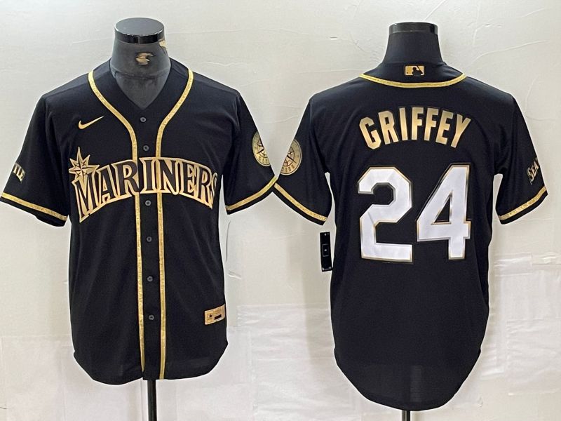 Men Seattle Mariners 24 Griffey Black gold three generations Game Nike 2024 MLB Jersey